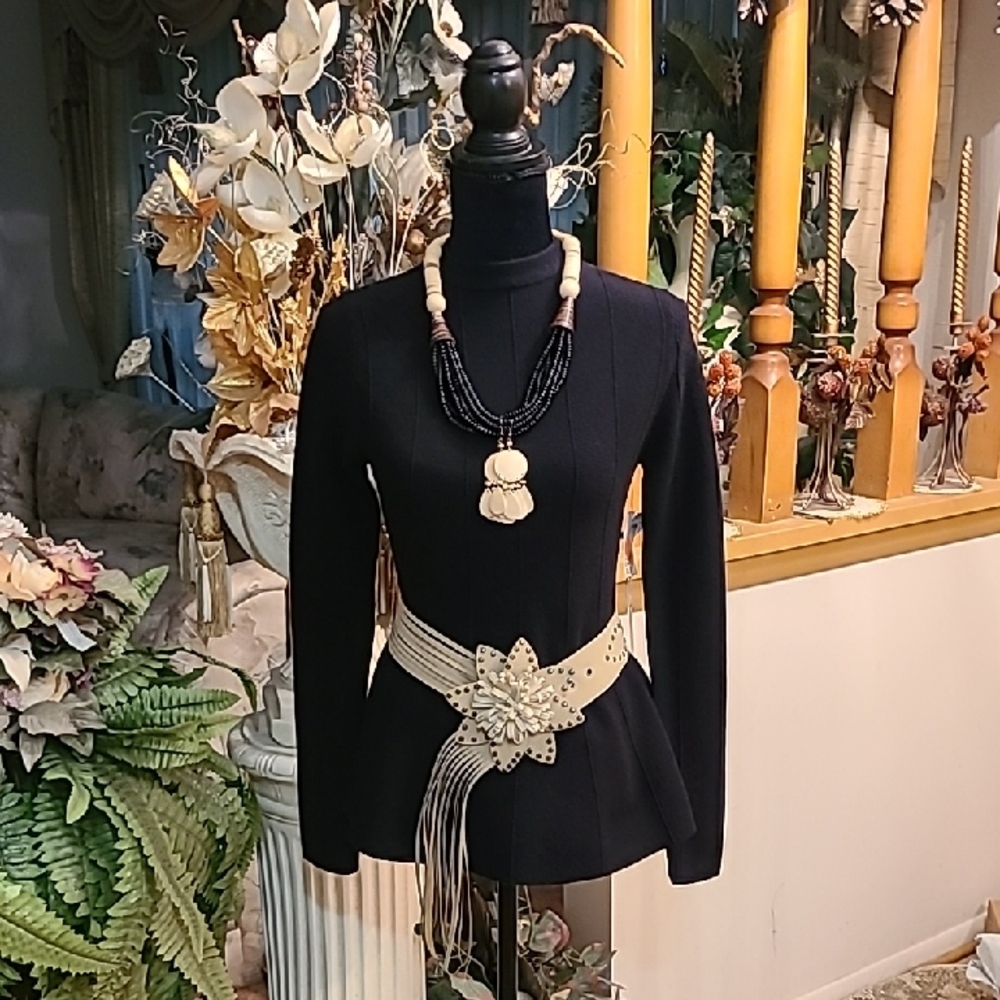 Bronze Studded Cream Colored Floral Accent Belt With Fringe Size: M/L